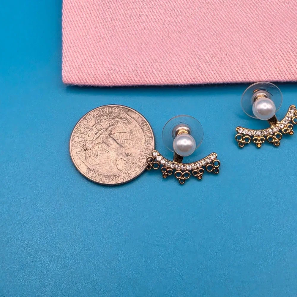 Kate Spade Faux Pearl Crystal Pave Ear Jacket Earrings Gold Tone